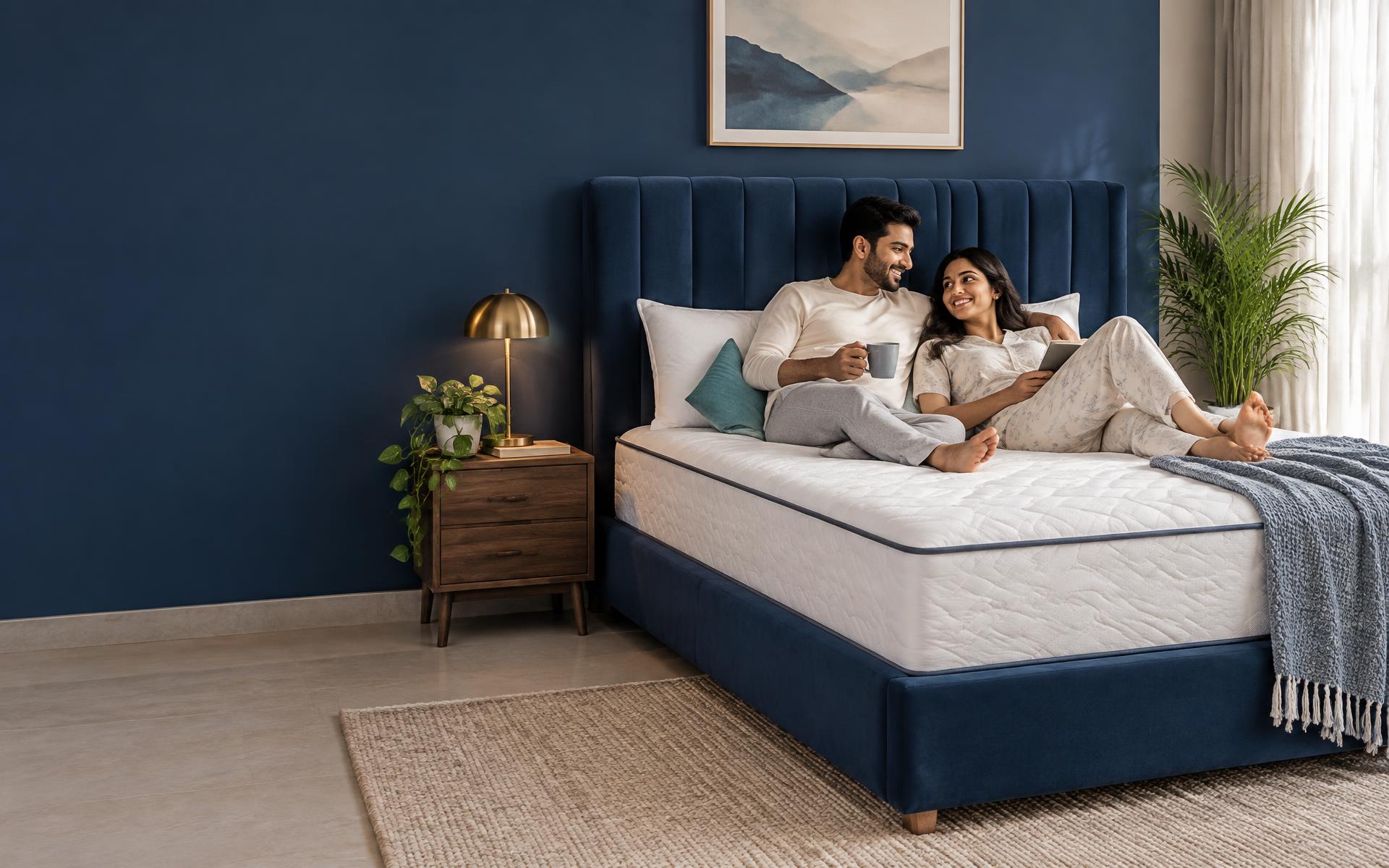 A couple relaxing on a bed in a calm bedroom