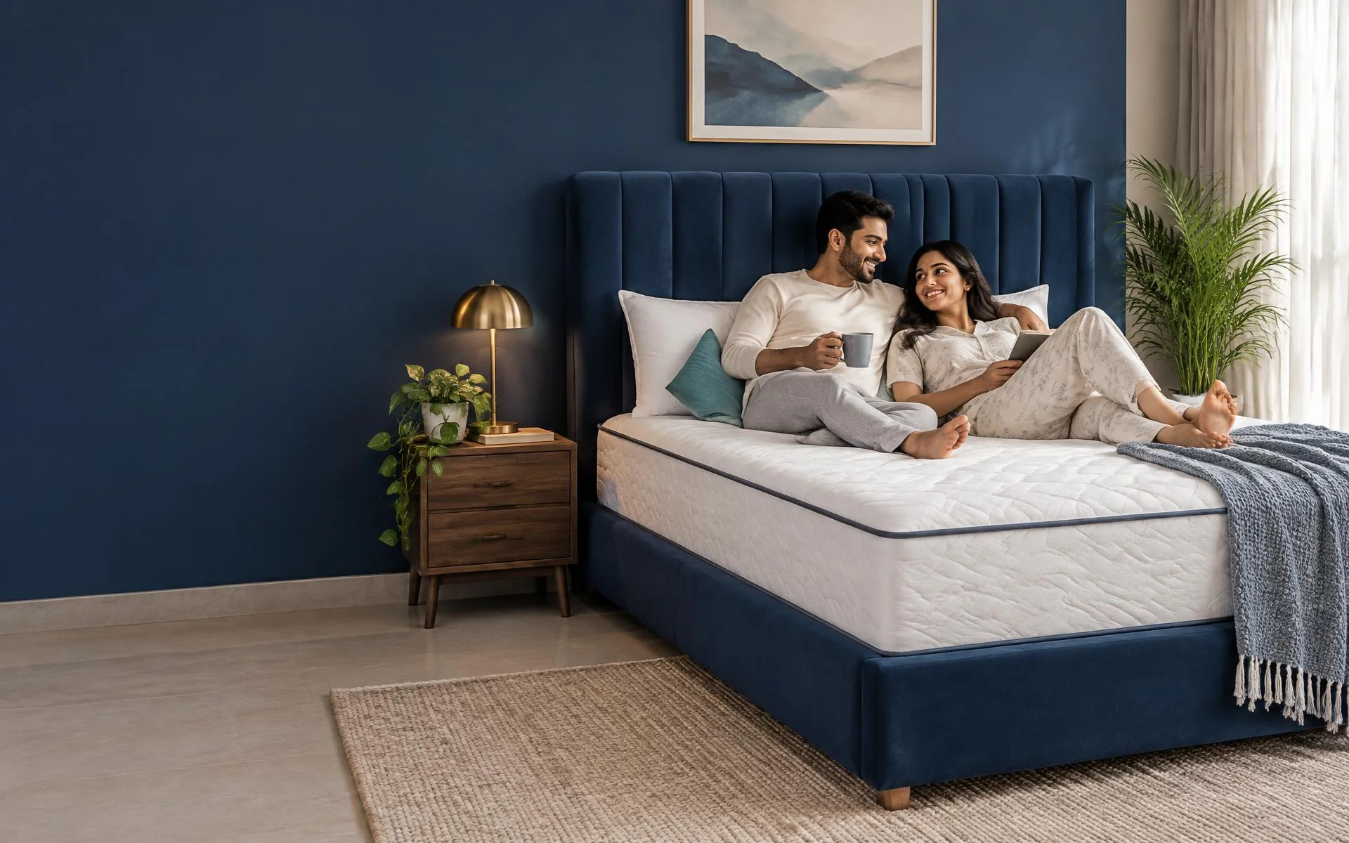 A couple relaxing on a bed in a calm bedroom