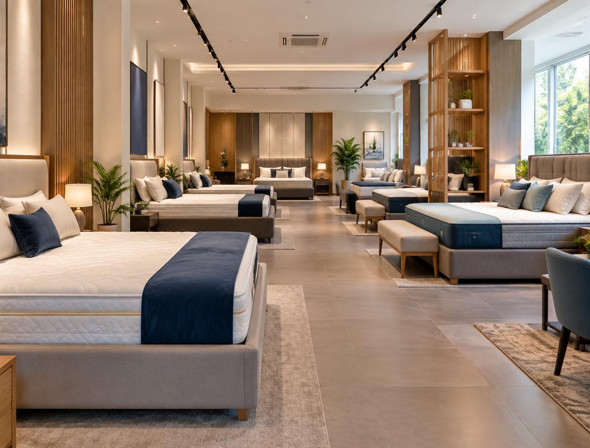 Mattresses displayed in The Mattress Hub showroom